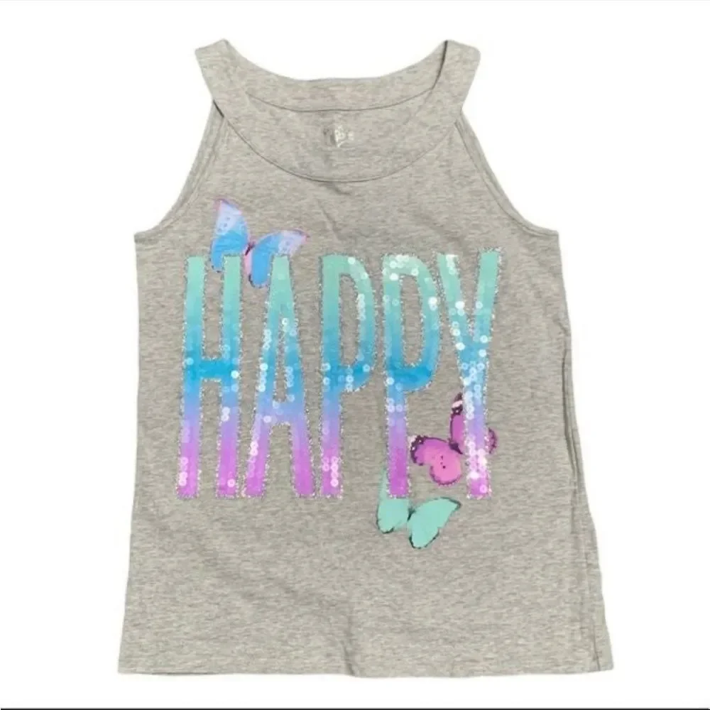 Justice Gray HAPPY Sequin Butterfly Tank Top & Matching Aqua Blue Shorts 16/18